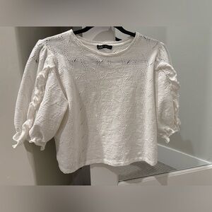 ZARA White Eyelet Blouse with Ruffled Sleeves. Size Large.